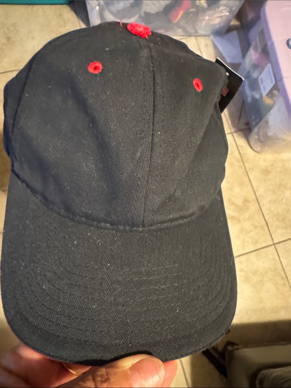 Men's Black Baseball Cap with Red Eyelets
